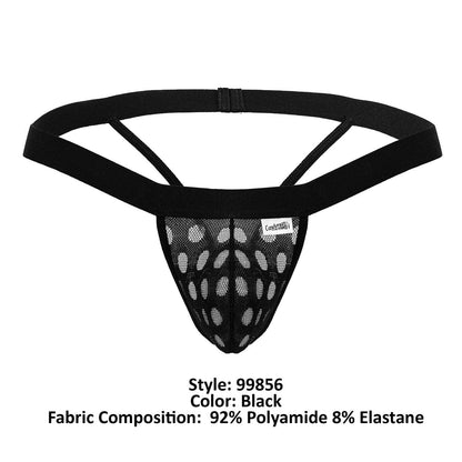 Black mesh CandyMan 99856 polka thongs with circular cutouts and solid elastic waistband front view