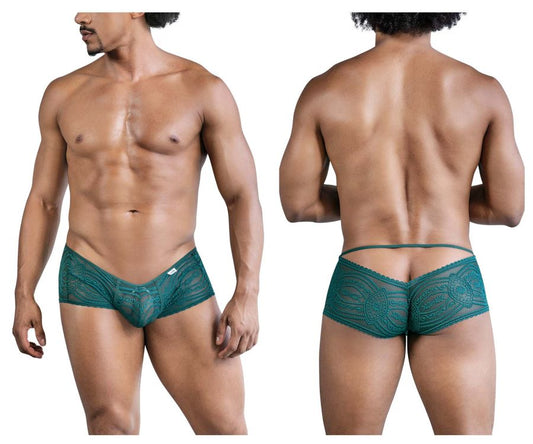 Teal lace men’s briefs candyMan 99857 lace trunks in green with intricate floral pattern and back tie design shown from back