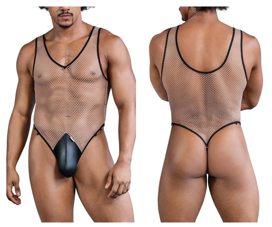 CandyMan 99858 beige-black fishnet bodysuit with black mesh and solid black padded crotch panel