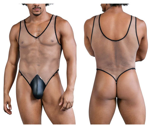 CandyMan 99858 beige-black fishnet bodysuit with black mesh and solid black padded crotch panel