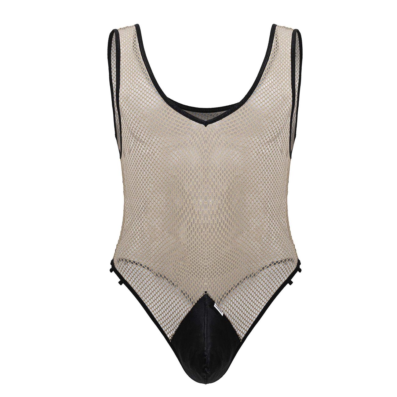 Beigeblack CandyMan 99858 fishnet one-piece bodysuit with black trim and solid black crotch panel
