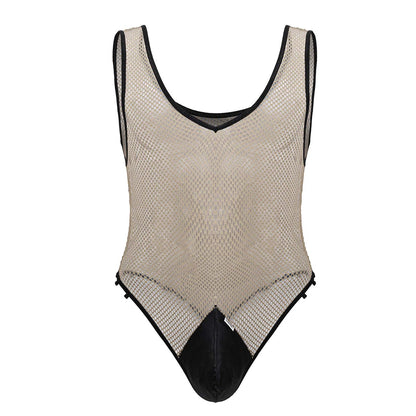 Beigeblack CandyMan 99858 fishnet one-piece bodysuit with black trim and solid black crotch panel