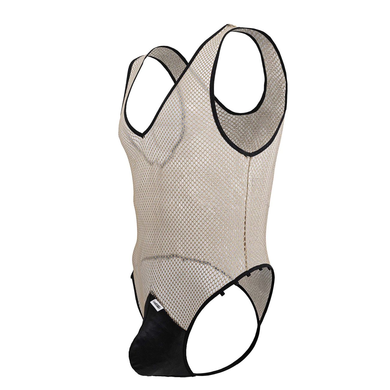 CandyMan 99858 fishnet bodysuit in beige mesh with black trim and solid black crotch panel