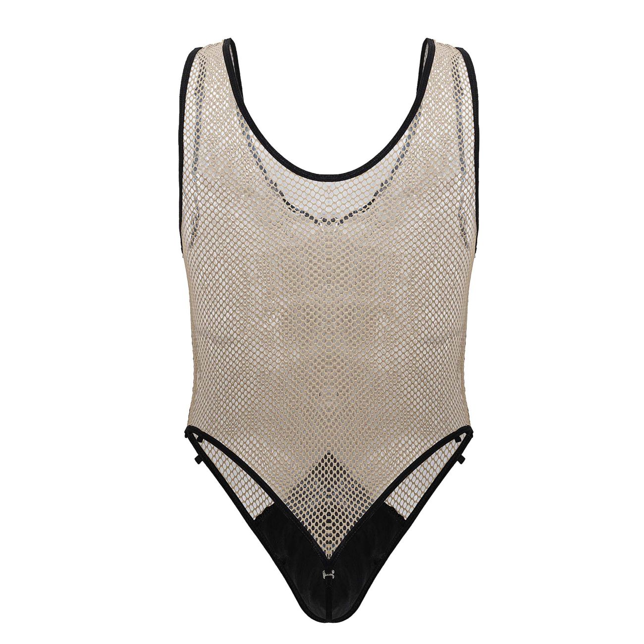 Beige mesh one-piece fishnet bodysuit with black trim and subtle geometric pattern candyMan 99858 color beige-black