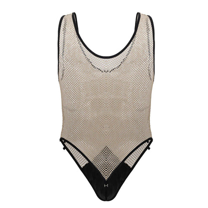 Beige mesh one-piece fishnet bodysuit with black trim and subtle geometric pattern candyMan 99858 color beige-black