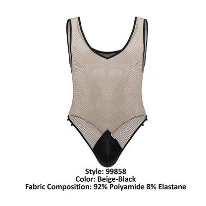 Beigeblack fishnet one-piece bodysuit by candyman with v-neckline and black trimmed armholes and leg openings