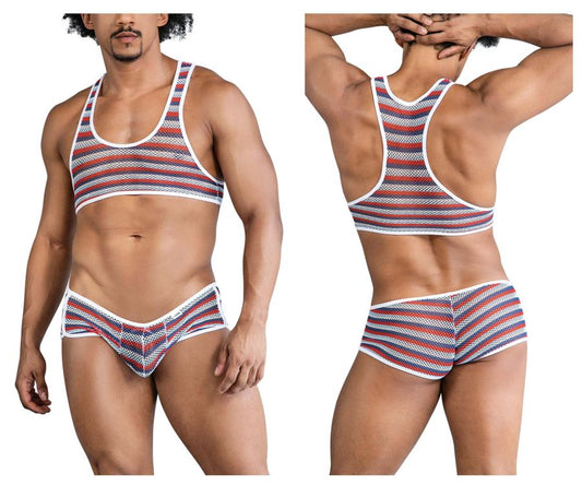 CandyMan 99859 two piece outfit featuring a striped mesh tank top and briefs in red white and navy blue