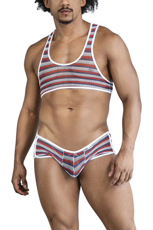 CandyMan 99859 two piece outfit color stripes red white and navy blue striped mesh tank top with racerback design back view