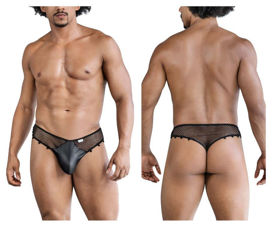 Black mesh and satin CandyMan 99860 fishnet thongs with sleek, form-fitting design in black color