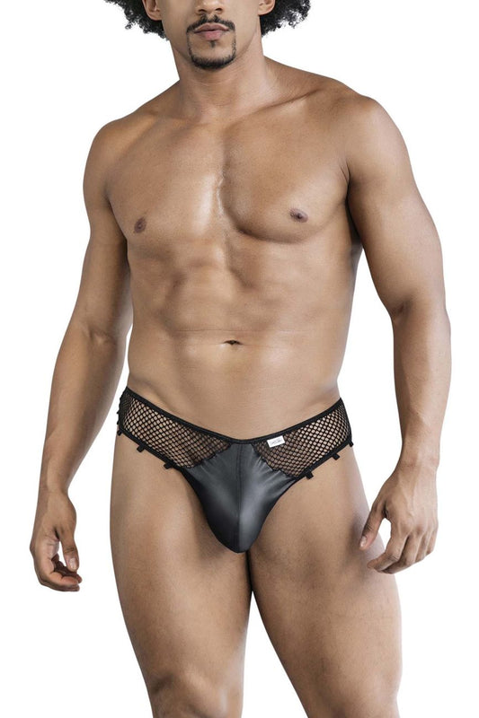 CandyMan 99860 fishnet thongs in black featuring sleek mesh and satin briefs with a modern design front view