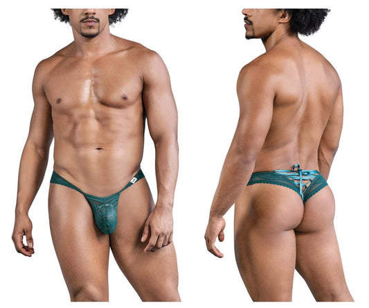 Teal lace thong candyMan 99861 in green with tied-back design and subtle pattern shown from the back side