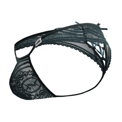 Green candyman 99861 lace thong with intricate floral patterns and sheer mesh design for stylish lingerie wear