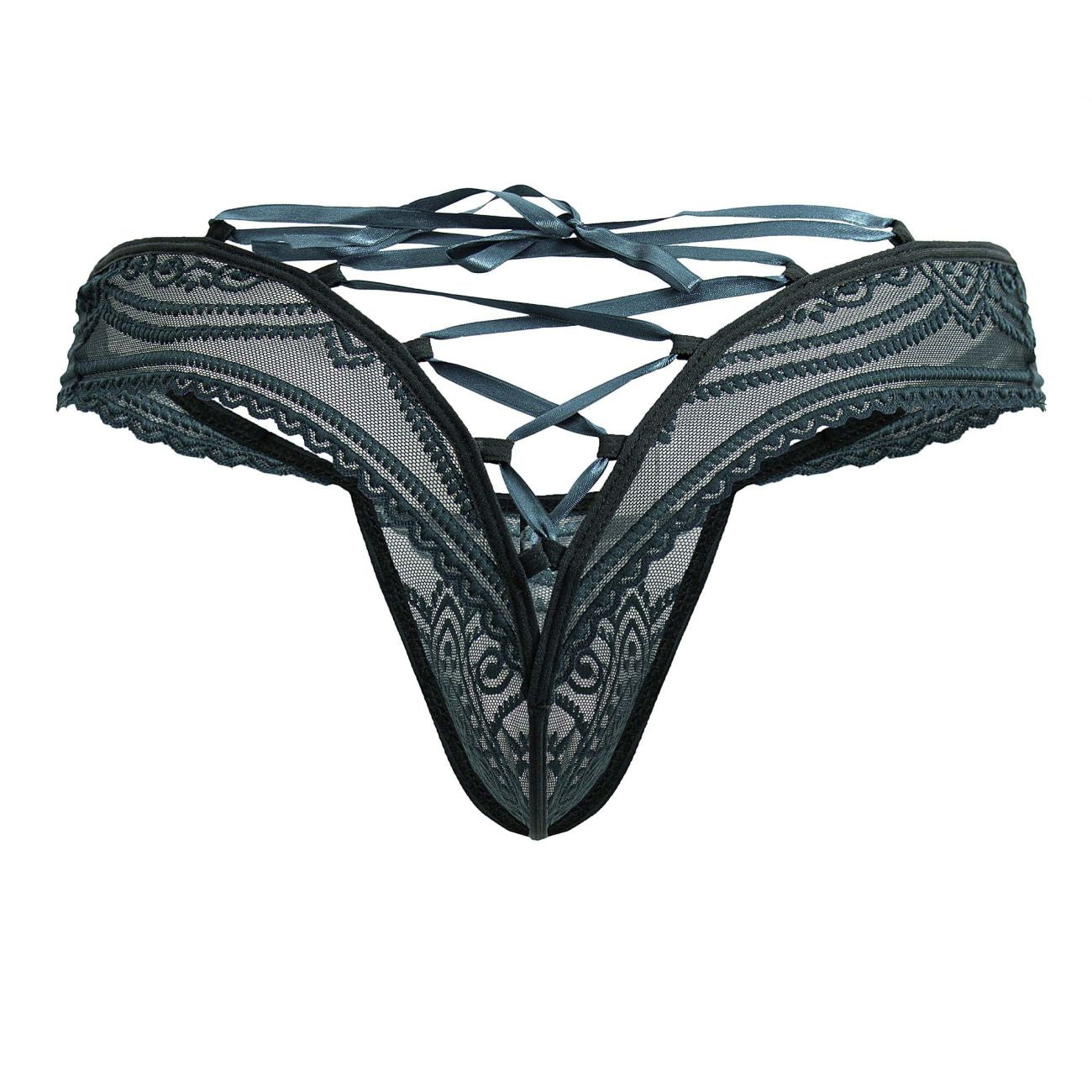 Black lace thong CandyMan 99861 in green with intricate floral patterns and crisscross ribbon tieback shown from the back