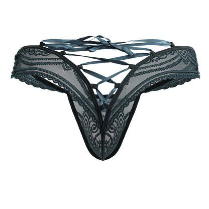 Black lace thong CandyMan 99861 in green with intricate floral patterns and crisscross ribbon tieback shown from the back