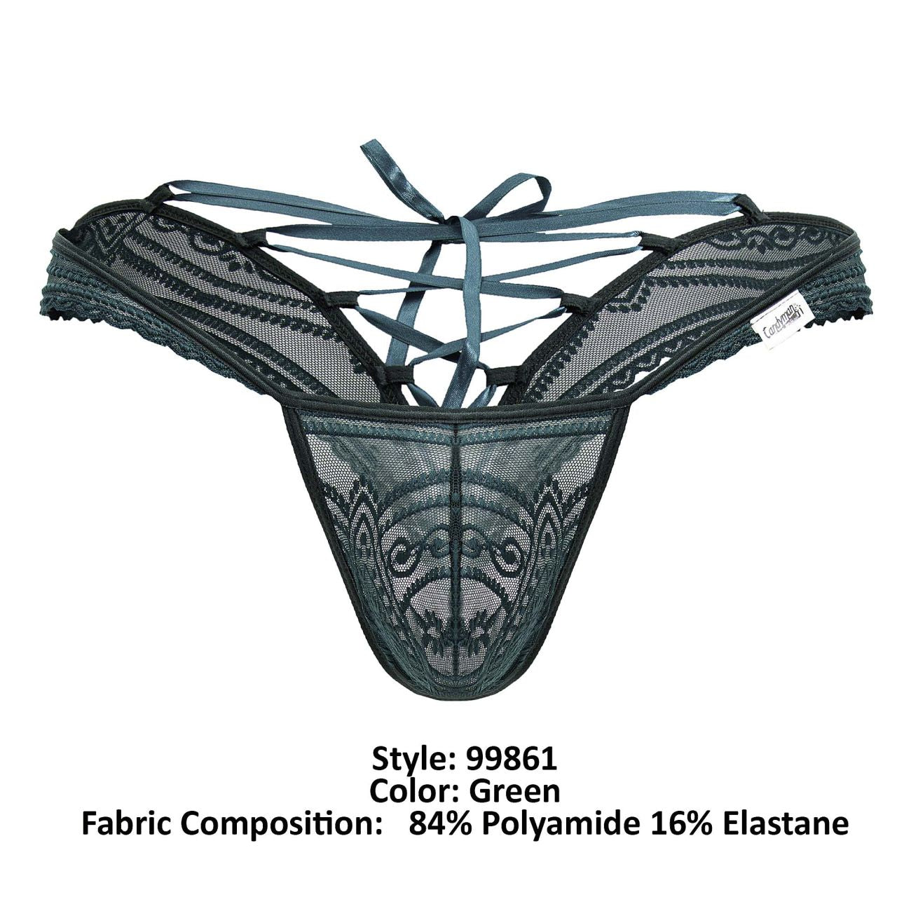 Dark green candyMan 99861 lace thong with intricate patterns and crisscrossing straps front view