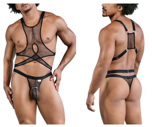 Black mesh harness style bodysuit candyMan 99862 fishnet outfit with adjustable straps and central cutout