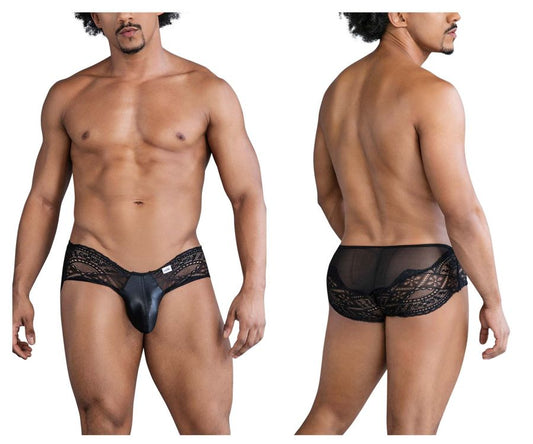 Candyman 99863 black lace briefs with glossy front panel featuring elegant lace trim for stylish men’s underwear