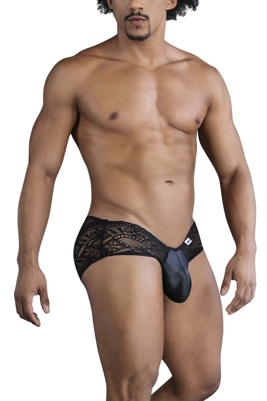 Black lace-trimmed CandyMan 99863 men’s briefs with a solid black pouch made of lace and smooth fabric