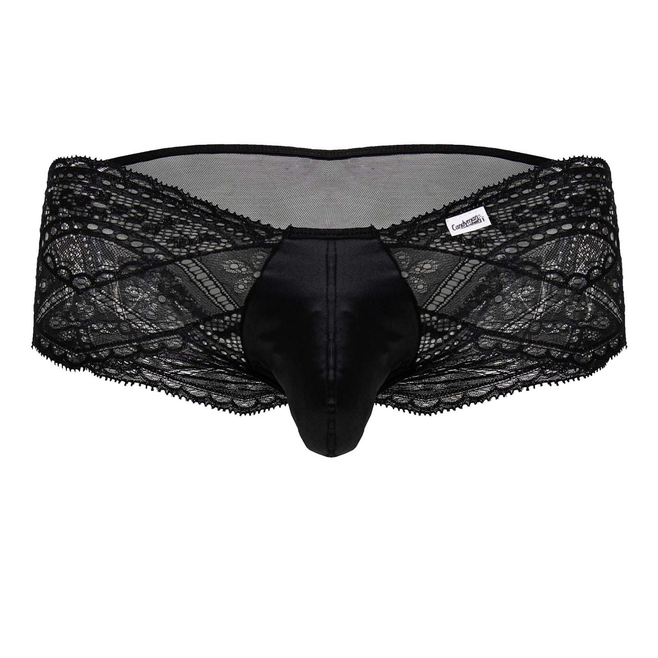 Black laced-trimmed mens briefs candyMan 99863 with satin front panel and floral mesh back in black color