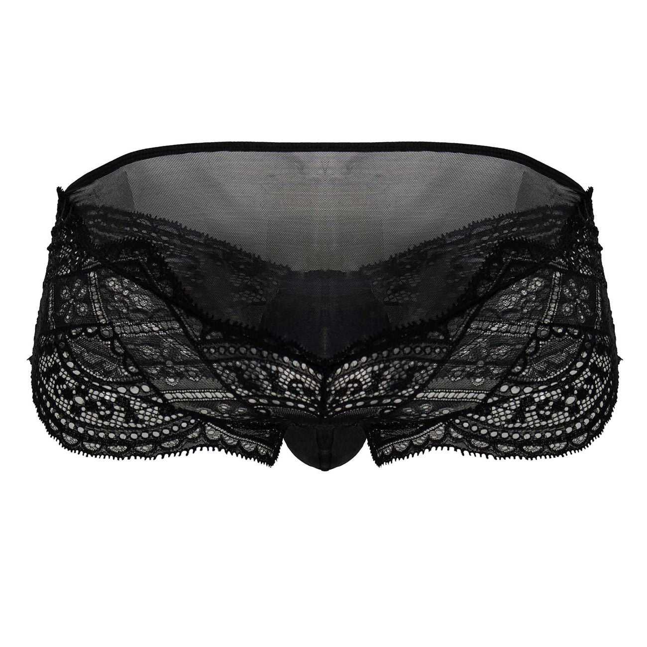 Black candyMan 99863 lace briefs showing the back with intricate floral patterns and sheer mesh fabric