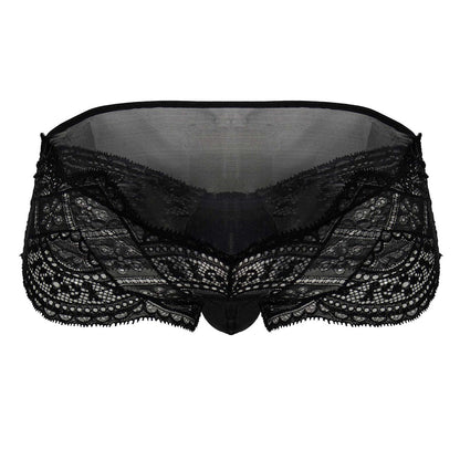 Black candyMan 99863 lace briefs showing the back with intricate floral patterns and sheer mesh fabric