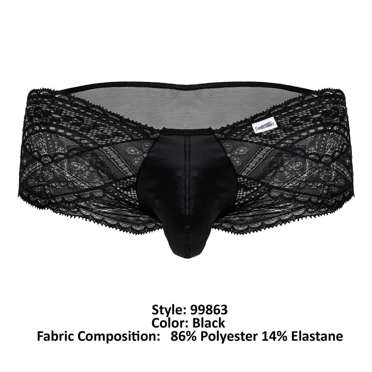 Black lace-trimmed CandyMan 99863 briefs with satin front panel in black for men