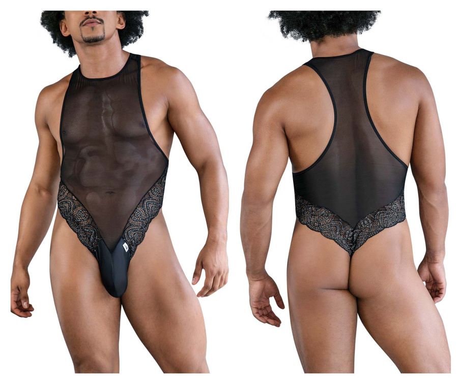 Black CandyMan 99864 lace-mesh bodysuit featuring sheer mesh with lace trim and solid black thong front view