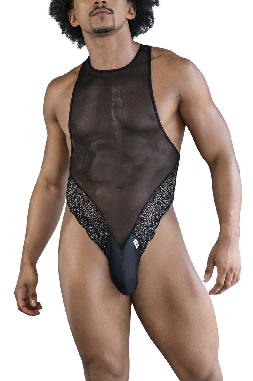 Black sheer mesh CandyMan 99864 lace-mesh bodysuit with lace trim and solid black brief-style bottom