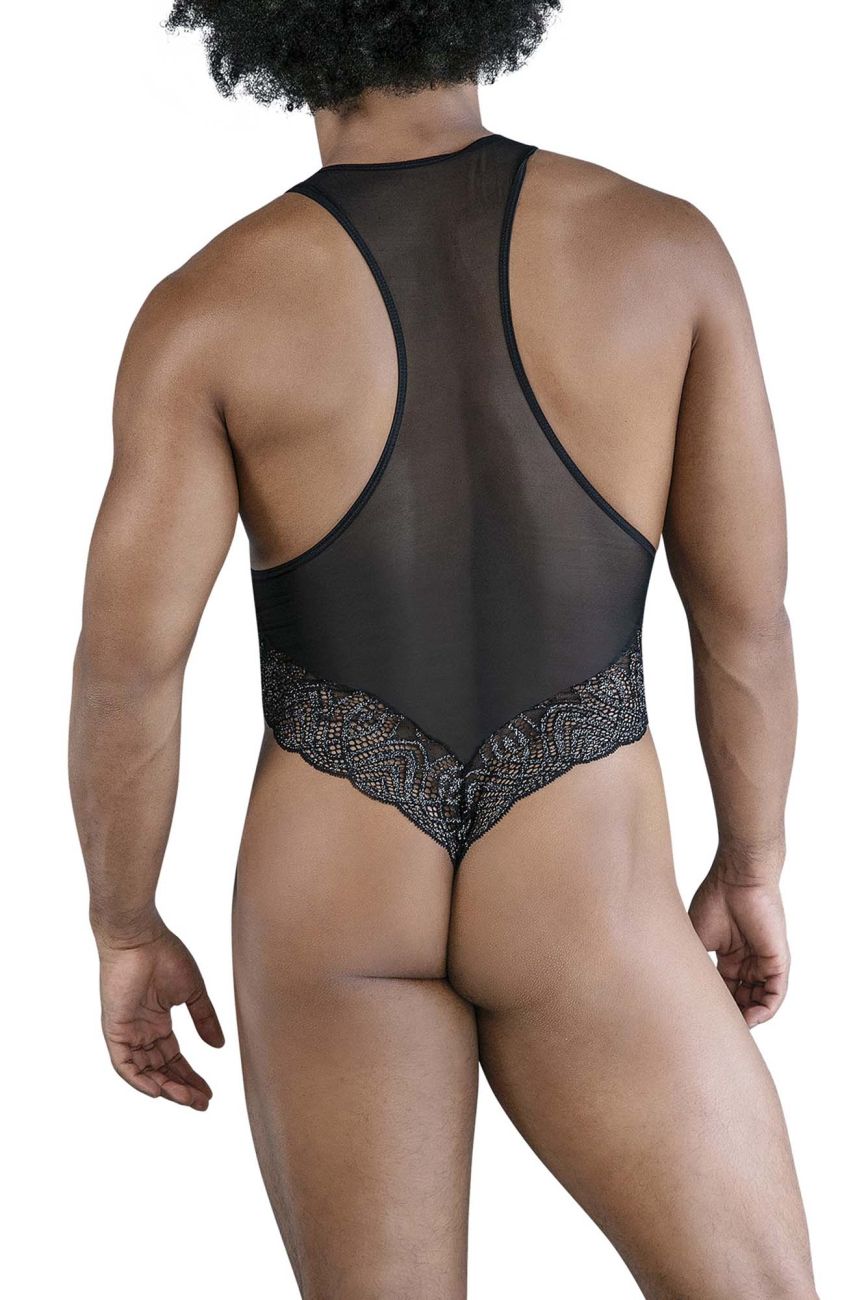 Black sheer mesh bodysuit candyMan 99864 with intricate lace trim at waistband for elegant lingerie look