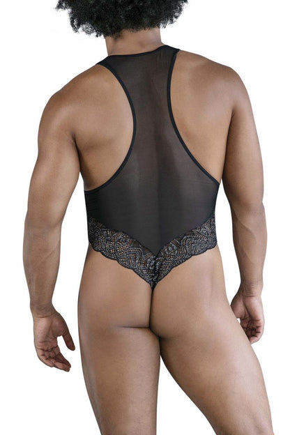 Black sheer mesh bodysuit candyMan 99864 with intricate lace trim at waistband for elegant lingerie look
