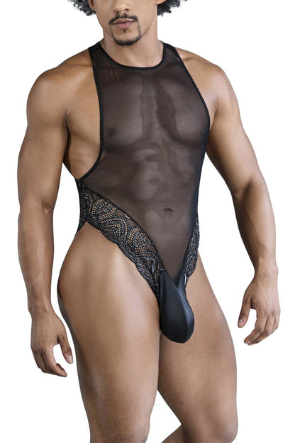 CandyMan 99864 lace mesh bodysuit in black sheer mesh with lace trim and solid black pouch one-piece lingerie