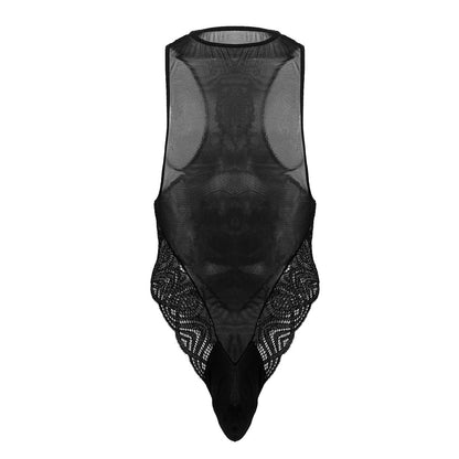 CandyMan 99864 lace-mesh bodysuit in black sheer mesh with intricate lace detailing along sides and bottom
