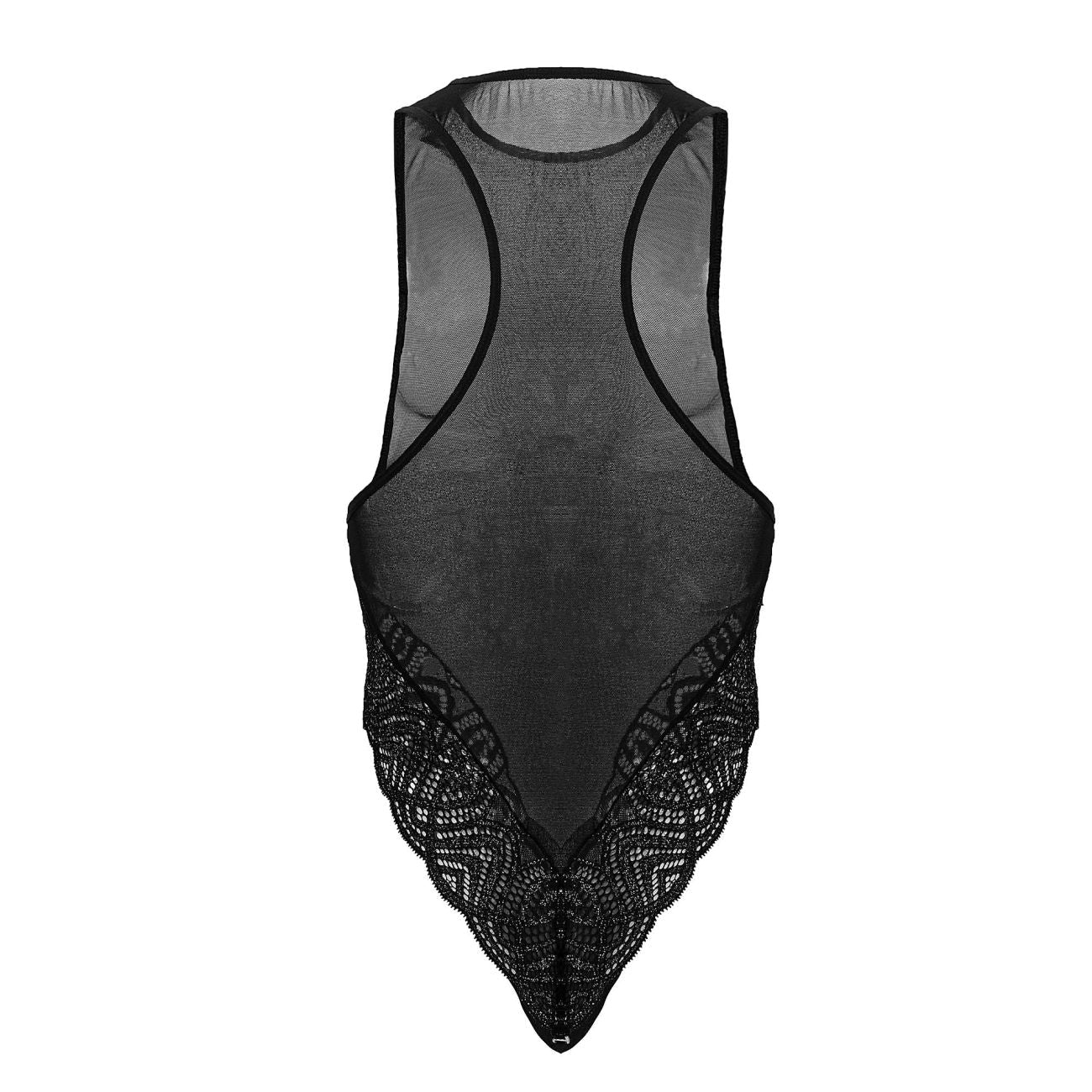 Black sheer mesh bodysuit with intricate lace detailing along the lower hem by candyman 99864 lace-mesh bodysuit