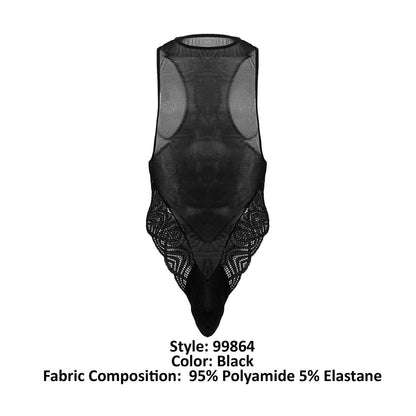 Black sheer mesh bodysuit with intricate lace detailing along the sides and bottom candyMan 99864 lace-mesh bodysuit