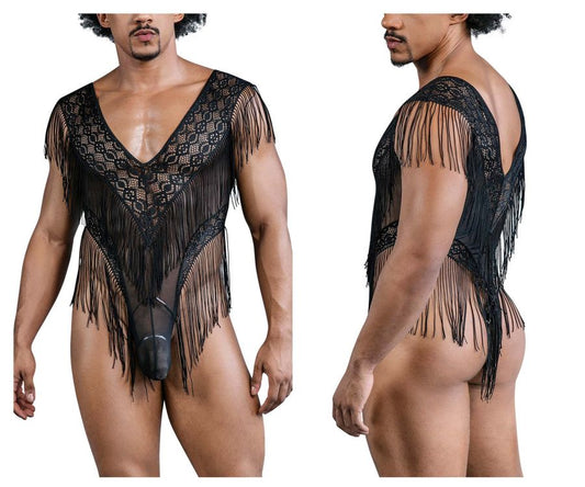 Black lace-mesh bodysuit candyMan 99865 with fringe detailing in black showcasing elegant lingerie design