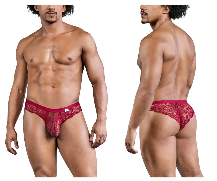 Red lace thong with intricate floral pattern in wine color from Candyman lace briefs collection