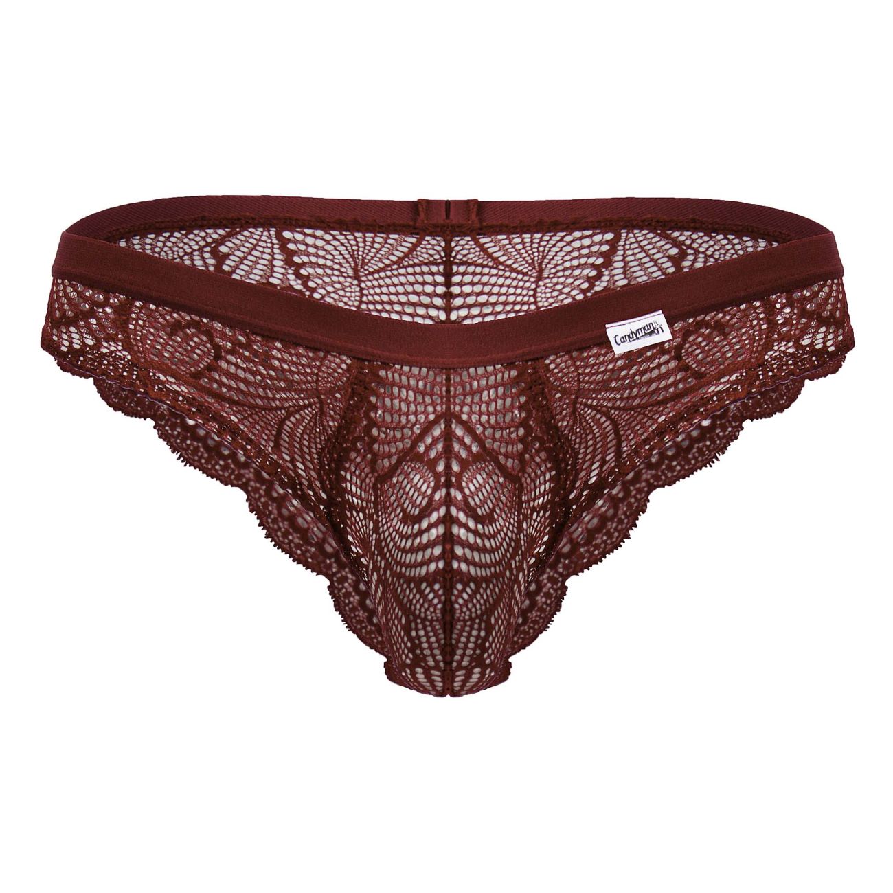 CandyMan 99868 lace briefs in wine color featuring a maroon lace thong with intricate floral patterns and solid waistband