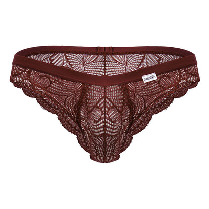 CandyMan 99868 lace briefs in wine color featuring a maroon lace thong with intricate floral patterns and solid waistband