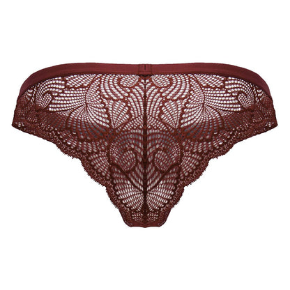 CandyMan 99868 lace briefs in wine color featuring maroon floral lace and a smooth elastic waistband