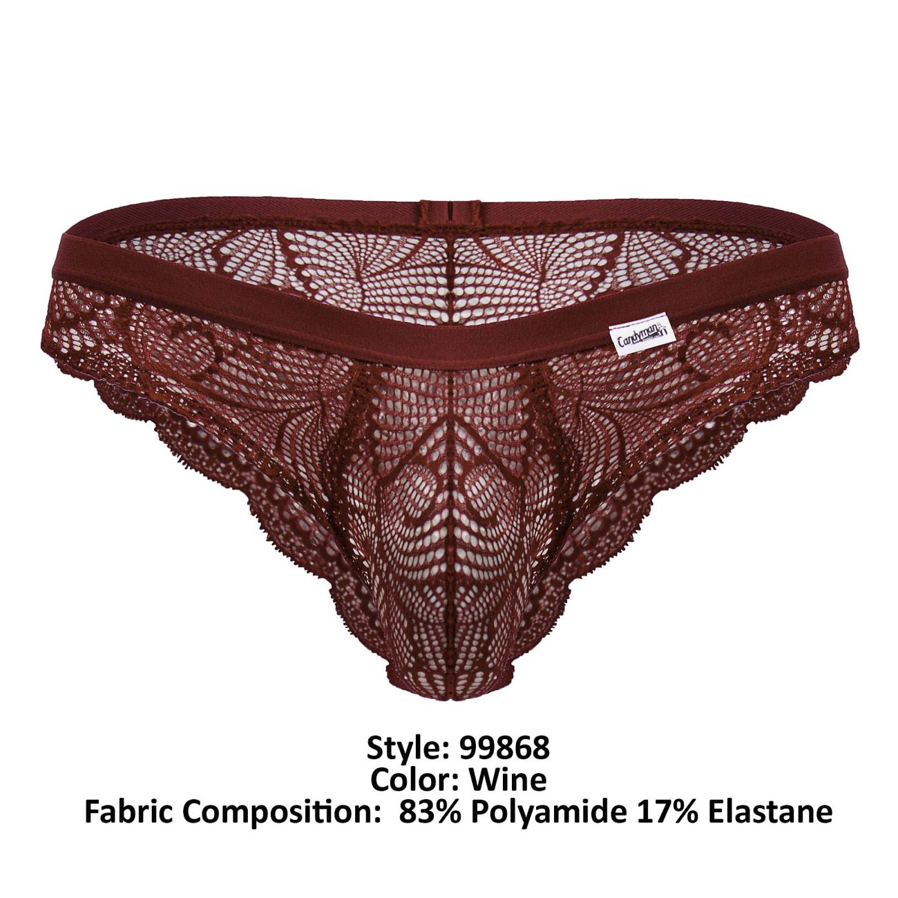 Wine-colored CandyMan 99868 lace thong with solid elastic waistband and intricate floral lace patterns
