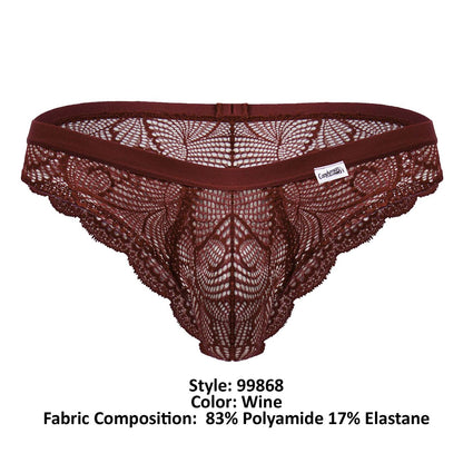 Wine-colored CandyMan 99868 lace thong with solid elastic waistband and intricate floral lace patterns