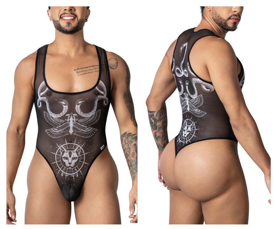 Black sheer one-piece bodysuit with white intricate winged serpent and cat zodiac designs candyMan 99869