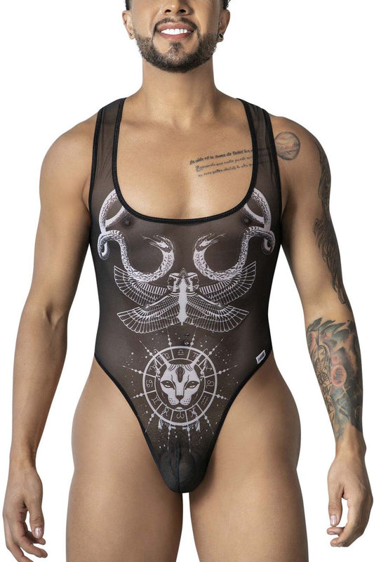 Black sheer one-piece bodysuit with white intricate zodiac and serpent design candyMan 99869 Egyptian bodysuit