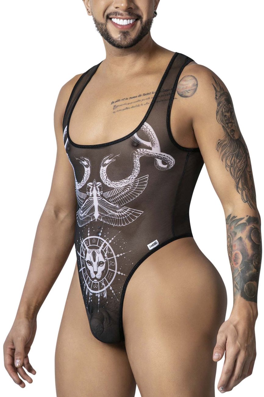 CandyMan 99869 Egyptian black-white sheer bodysuit with intricate white moth wings and animal face graphic design