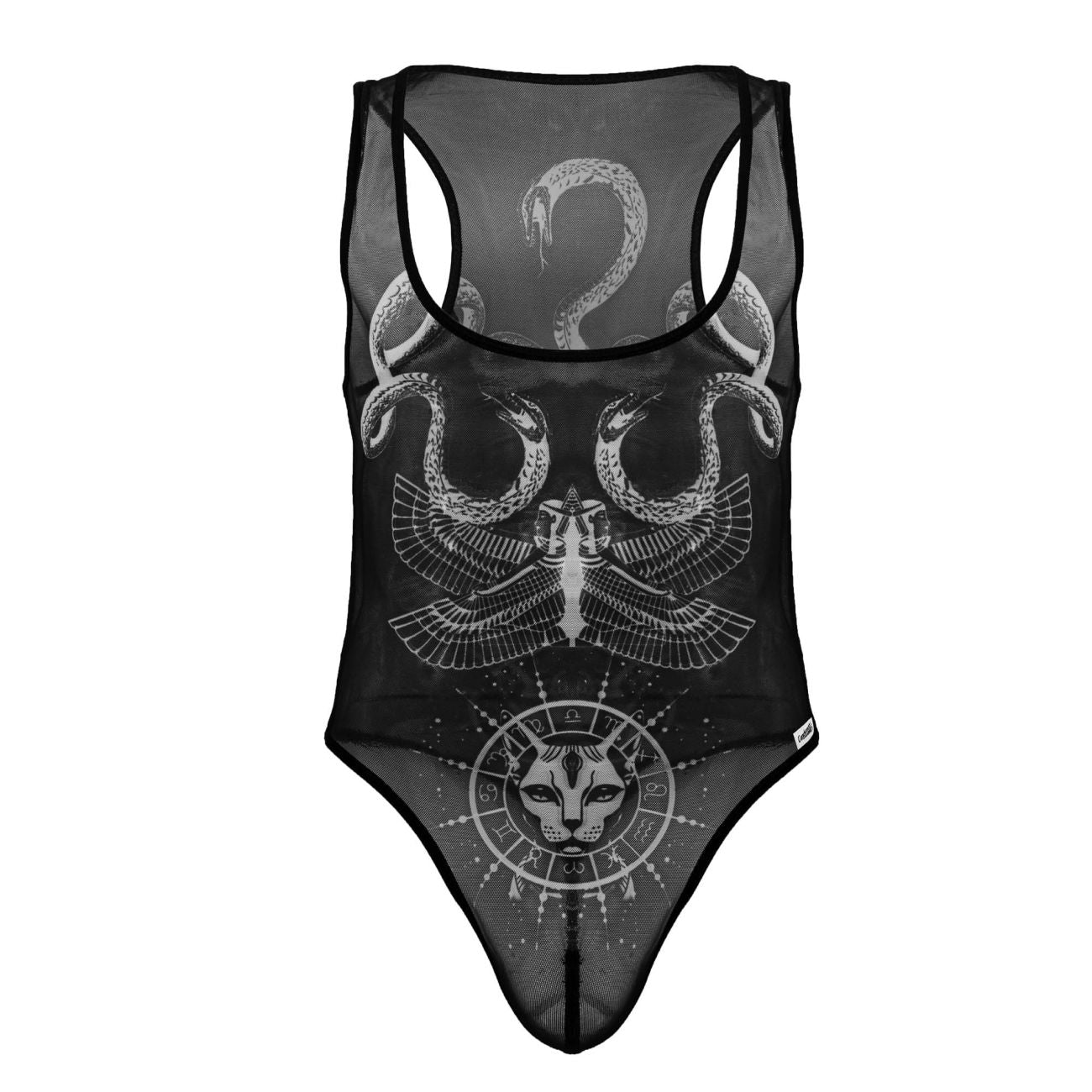Black sheer mesh one-piece bodysuit candyMan 99869 with white intricate snake line art and winged figure above cat zodiac symbol