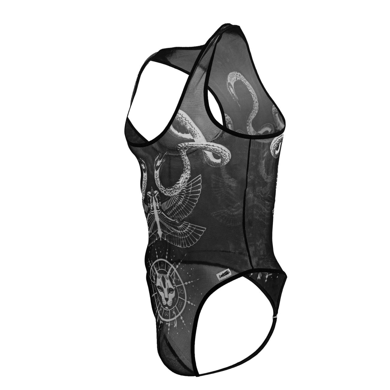 Black sheer mesh tank top featuring white line art of snakes eagle and feline face in circular design candyMan 99869