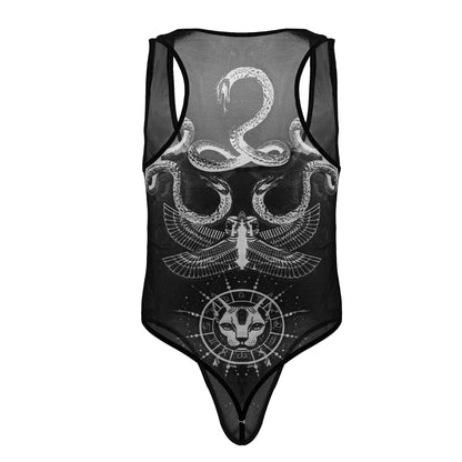 Black sheer mesh one-piece bodysuit with white intricate snakes winged figure and feline head by CandyMan 99869