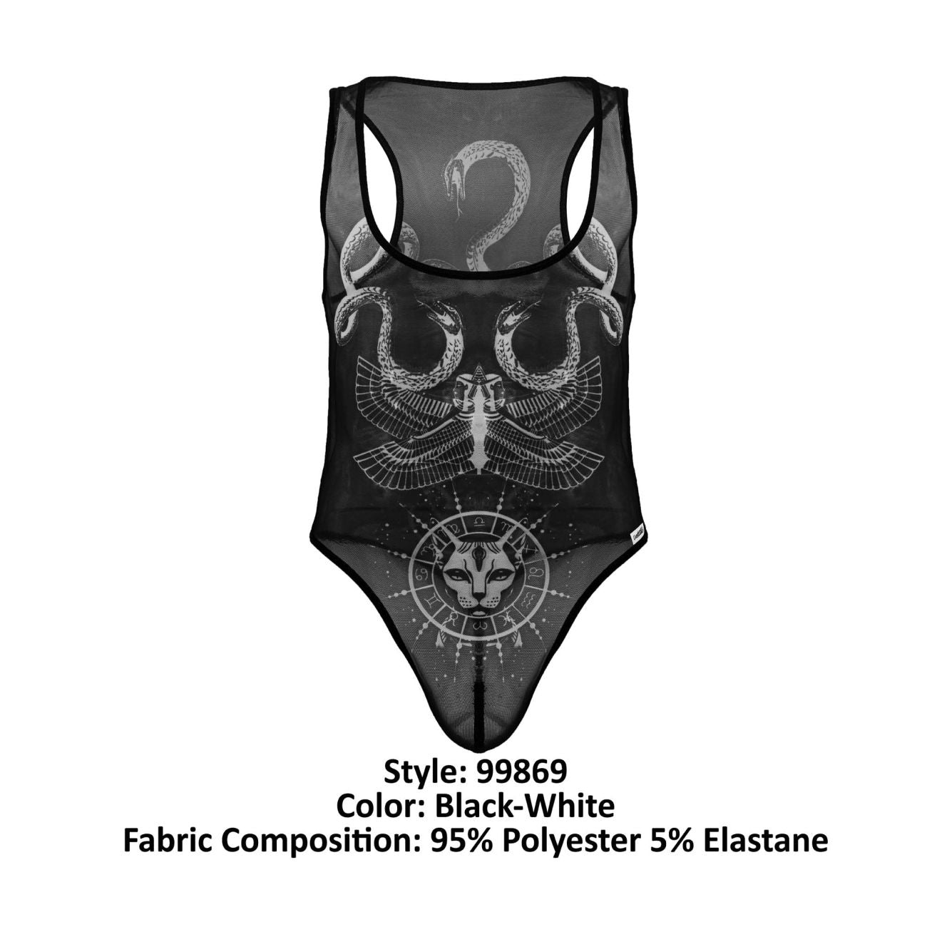 Black sheer one-piece bodysuit with white intricate snake eagle and cat face designs candyMan 99869 Egyptian bodysuit