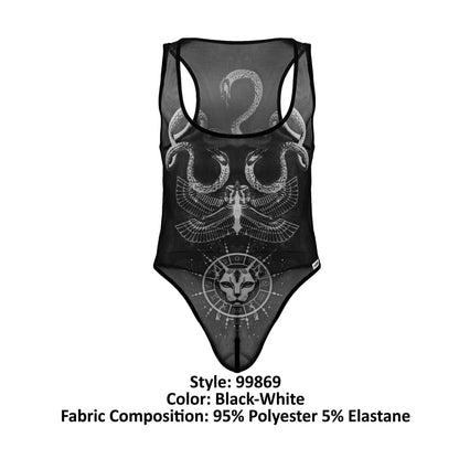 Black sheer one-piece bodysuit with white intricate snake eagle and cat face designs candyMan 99869 Egyptian bodysuit