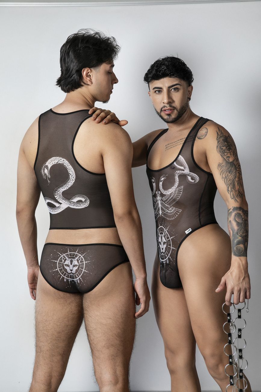Black sheer mesh two-piece set with white intricate snake and eagle designs candyMan 99869 Egyptian bodysuit